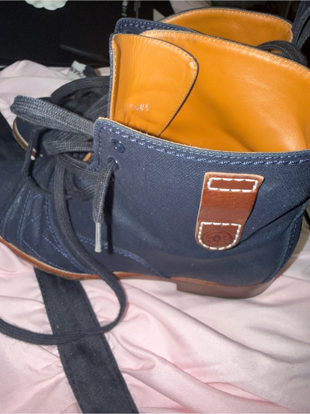 CHANEL Navy Canvas Combat Boots with Tan Leather Trim
